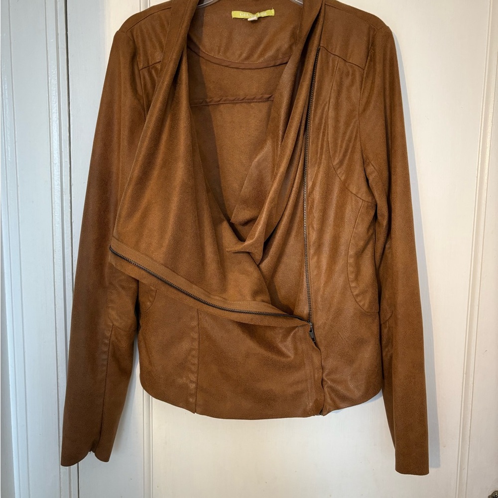 Gianni Bini Tan Drape Front faux suede jacket. Super soft
